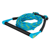 O'Brien Kneeboard Rope and Handle, a blue and black tow rope with a padded handle and coiled floating rope.