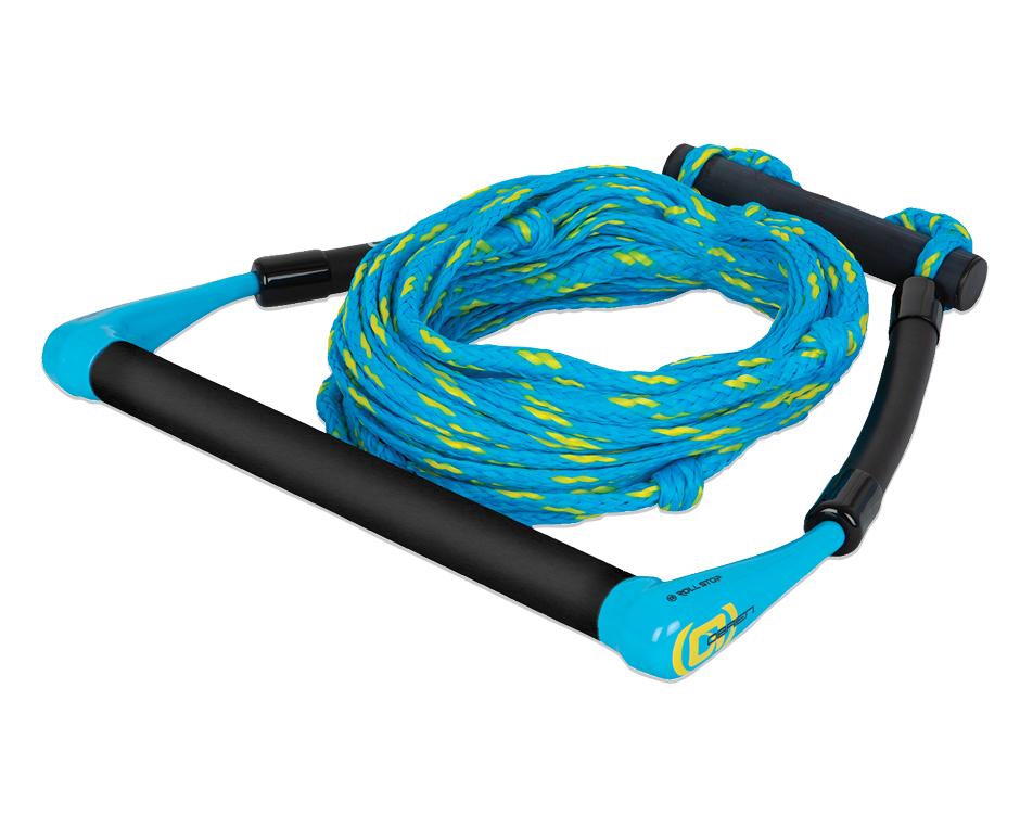 O'Brien Kneeboard Rope and Handle, a blue and black tow rope with a padded handle and coiled floating rope.
