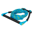O'Brien Kneeboard Rope and Handle, a blue and black tow rope with a padded handle and coiled floating rope.