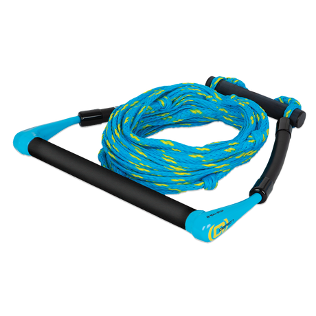 O'Brien Kneeboard Rope and Handle, a blue and black tow rope with a padded handle and coiled floating rope.