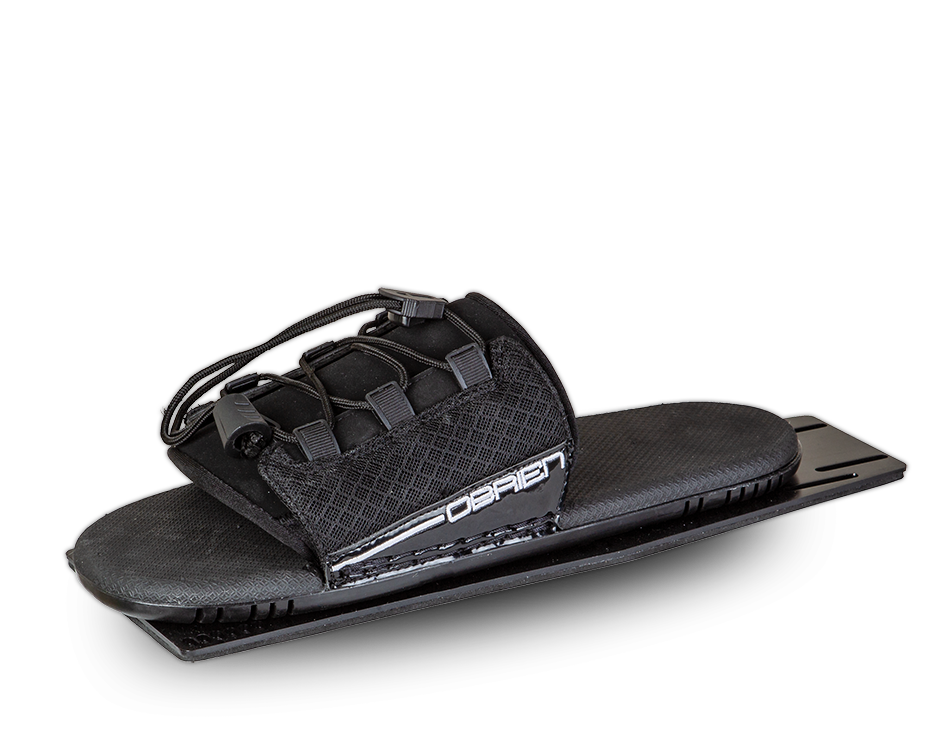 Angled view of the O'Brien Lace RTP, a black rear toe plate with a cushioned footbed and adjustable lace system.