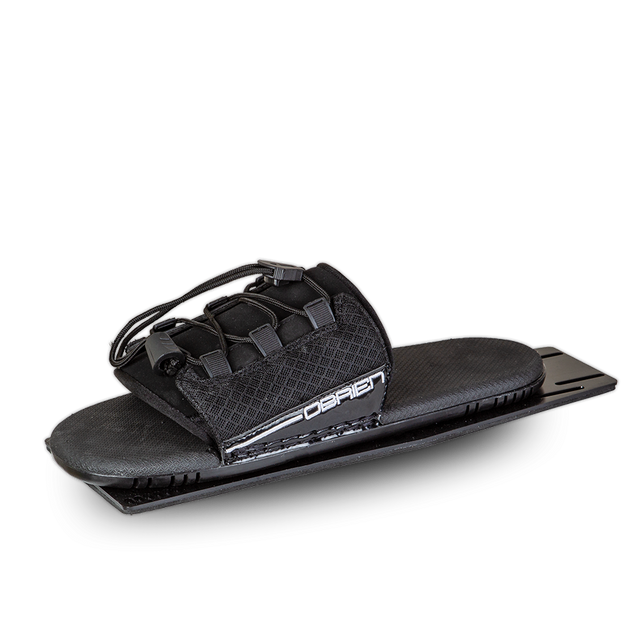 Angled view of the O'Brien Lace RTP, a black rear toe plate with a cushioned footbed and adjustable lace system.