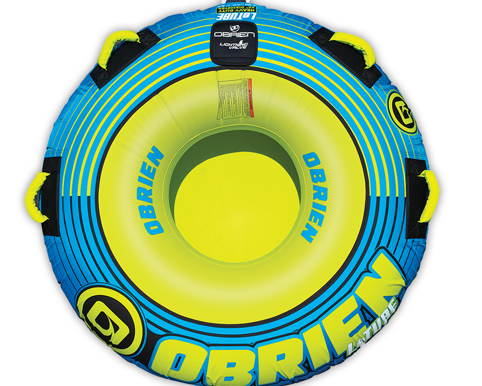 Top view of the O'Brien LeTube Towable Tube, a round blue and yellow inflatable with black handles and bold O'Brien branding.
