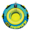 Top view of the O'Brien LeTube Towable Tube, a round blue and yellow inflatable with black handles and bold O'Brien branding.