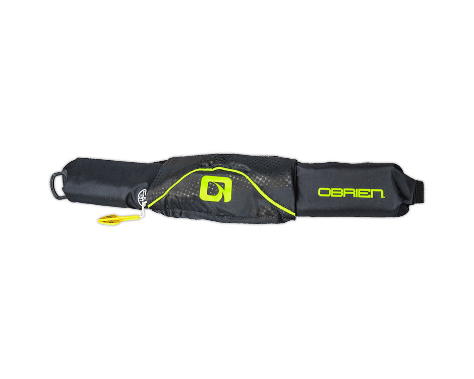 Compact black O'Brien M16 Inflatable Belt Pack with a yellow pull handle for quick inflation.