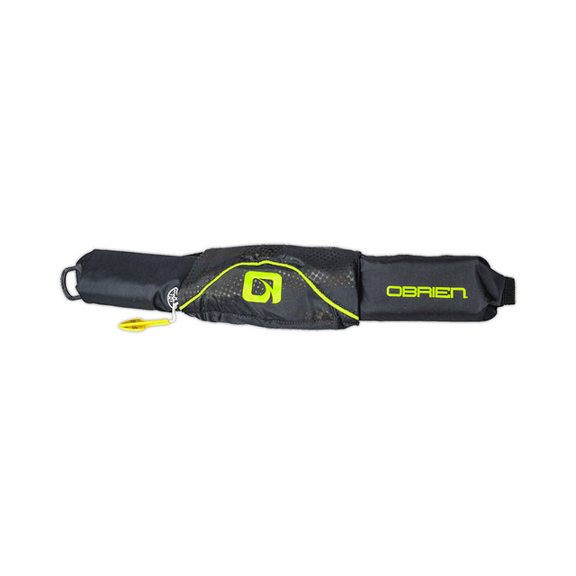 Compact black O'Brien M16 Inflatable Belt Pack with a yellow pull handle for quick inflation.