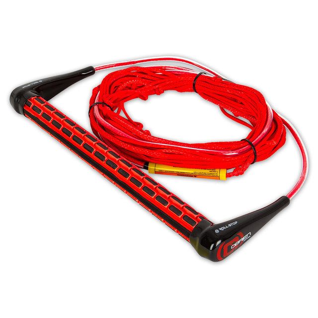 Angled view of the O'Brien Method Handle with Spectra Line Combo, with a black and red handle, red rope and Spectra line.