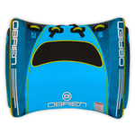Top view of the O'Brien New-U 2 Towable Tube in blue and black, with a curved design, handles, and a two-rider capacity.