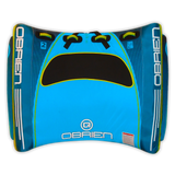 Top view of the O'Brien New-U 2 Towable Tube in blue and black, with a curved design, handles, and a two-rider capacity.
