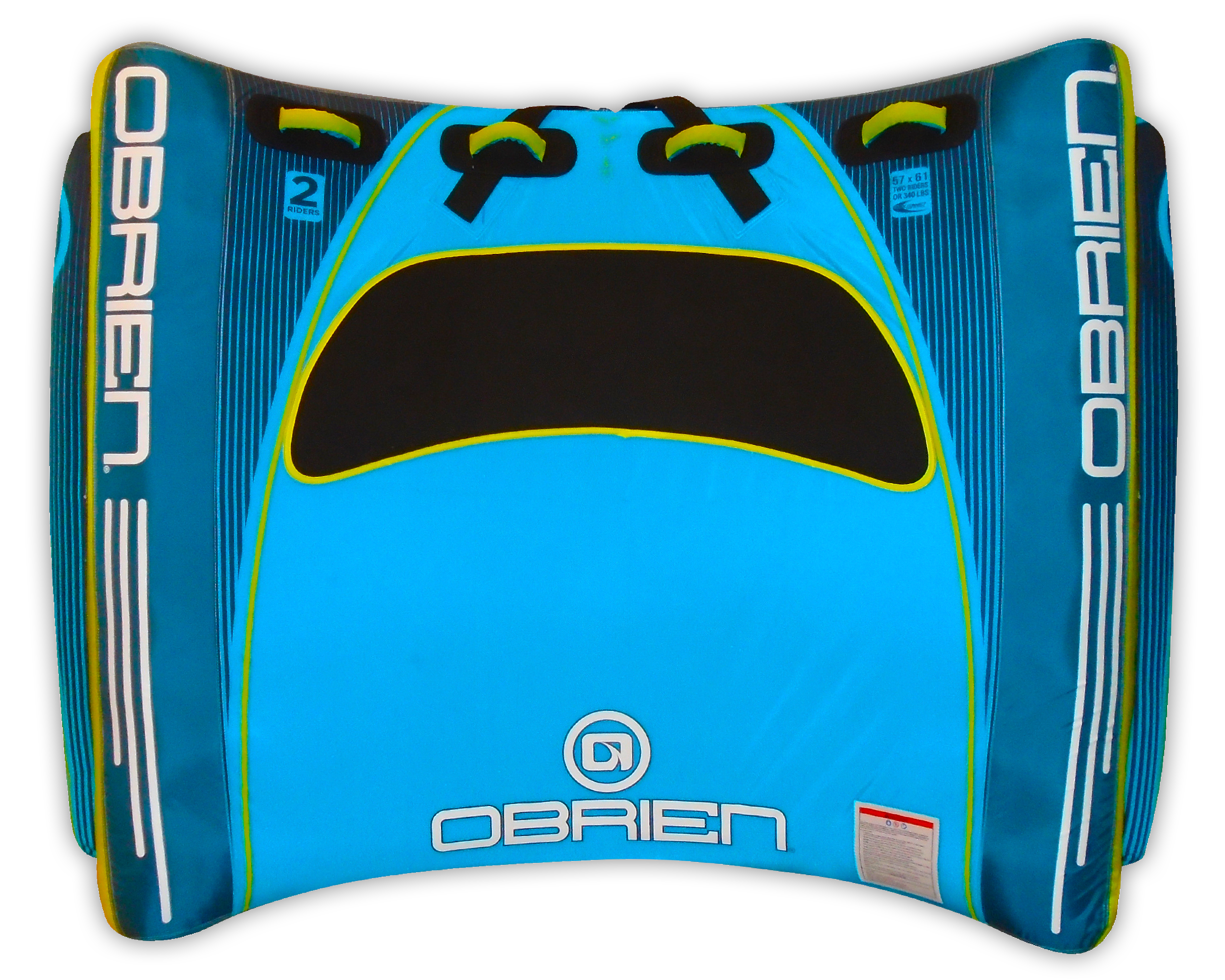 Top view of the O'Brien New-U 2 Towable Tube in blue and black, with a curved design, handles, and a two-rider capacity.