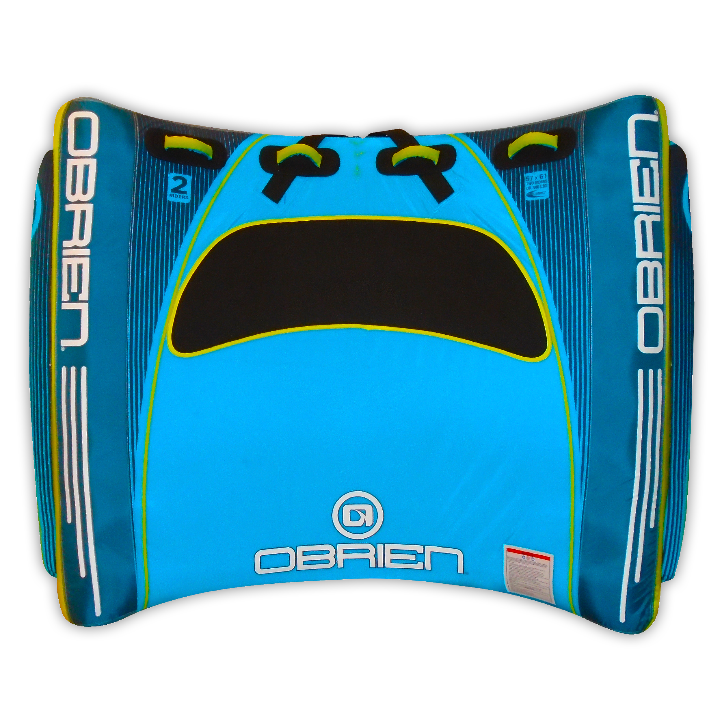Top view of the O'Brien New-U 2 Towable Tube in blue and black, with a curved design, handles, and a two-rider capacity.