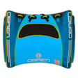 Top view of the O'Brien New-U 2 Towable Tube in blue and black, with a curved design, handles, and a two-rider capacity.