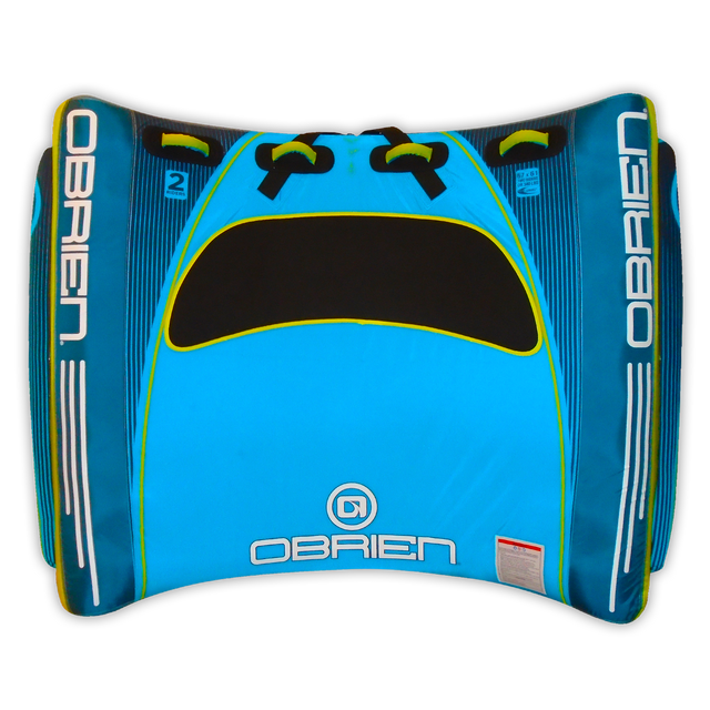 Top view of the O'Brien New-U 2 Towable Tube in blue and black, with a curved design, handles, and a two-rider capacity.