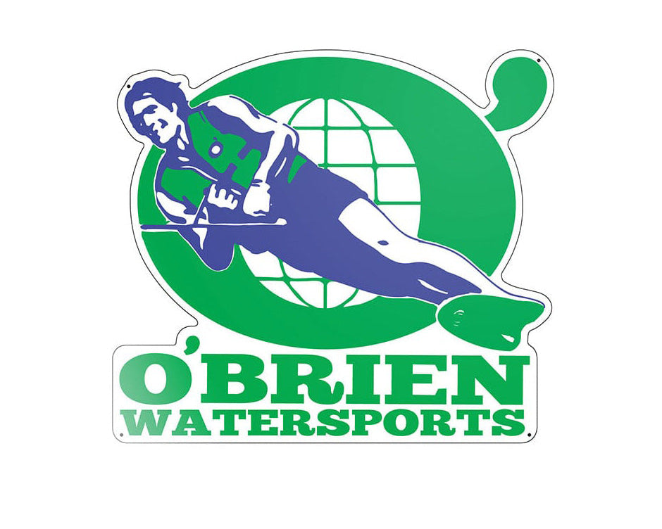 O'Brien Old School Metal Sign featuring a retro waterskiing graphic in green, blue, and white with bold branding.