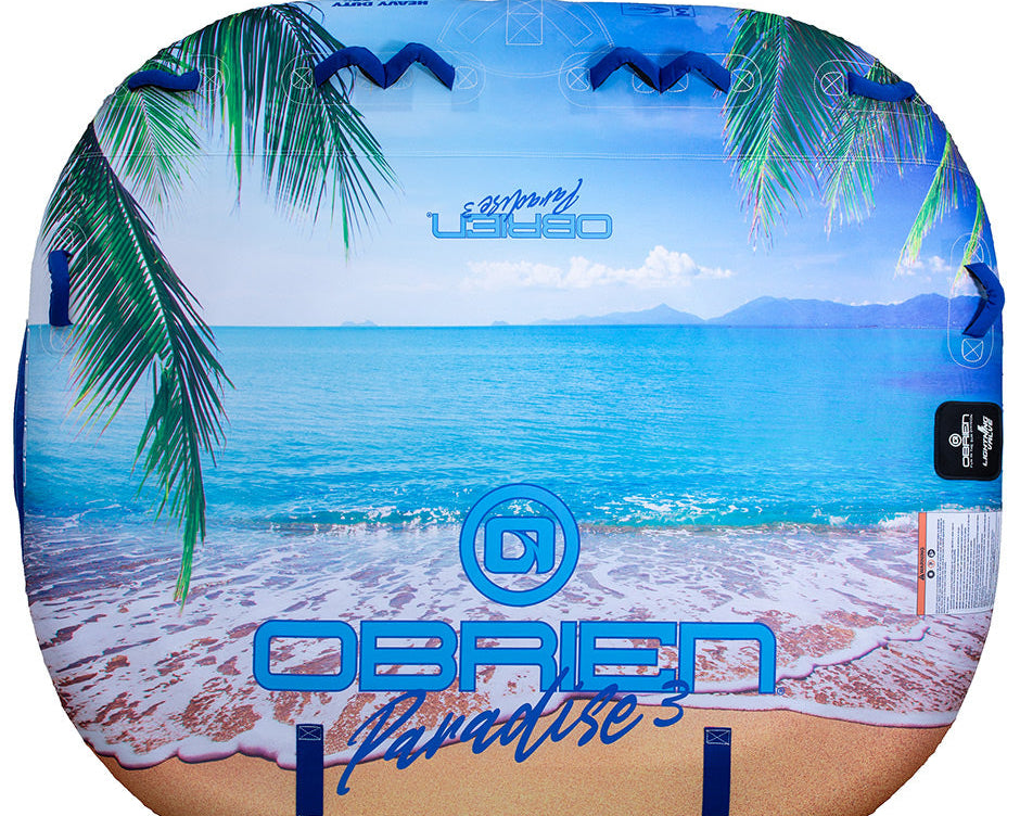 Top view of the O'Brien Paradise 3 Boat Tube, with a tropical beach design, grab handles, and three-rider capacity.
