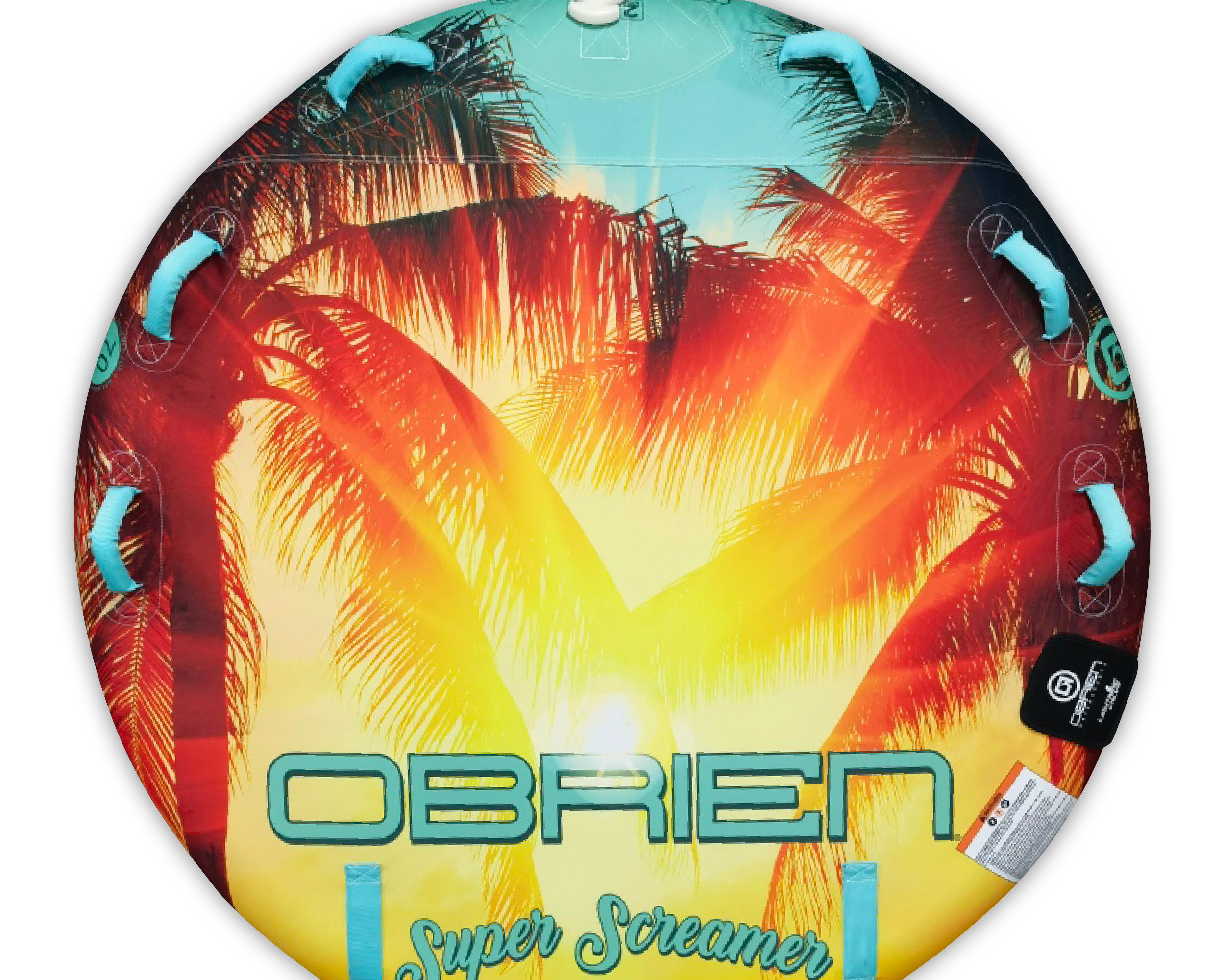 Top view of the O'Brien Paradise Super Screamer Towable Tube with a palm tree design and multiple handles.