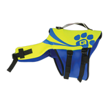 O'Brien Pet Vest in blue and yellow with black straps, a top handle, and a paw print design on the side.