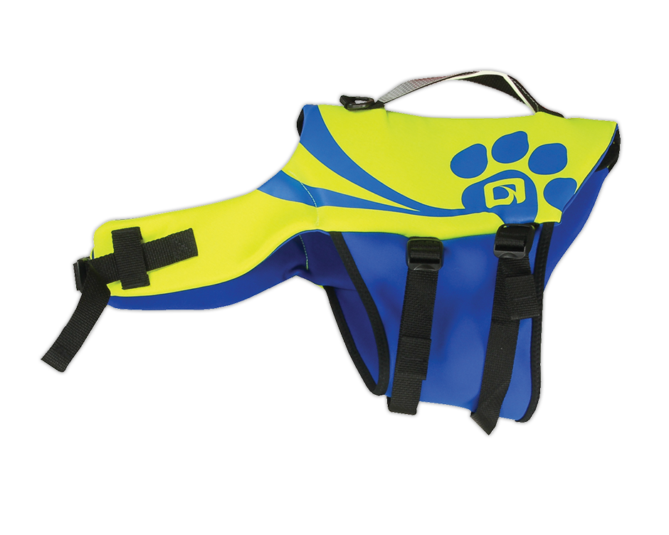 O'Brien Pet Vest in blue and yellow with black straps, a top handle, and a paw print design on the side.