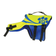 O'Brien Pet Vest in blue and yellow with black straps, a top handle, and a paw print design on the side.