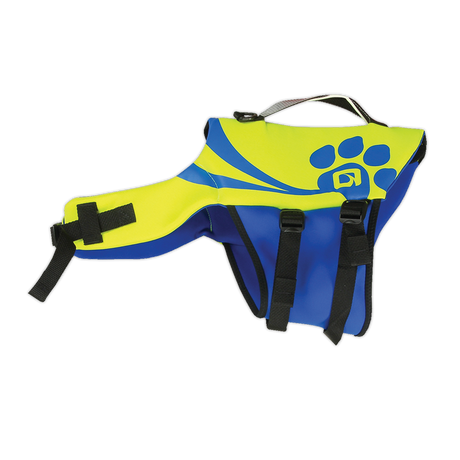 O'Brien Pet Vest in blue and yellow with black straps, a top handle, and a paw print design on the side.
