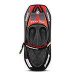 Top view of the Hydroslide Phantom Kneeboard in black and red, with a cushioned seat, molded footwells, and a padded strap.