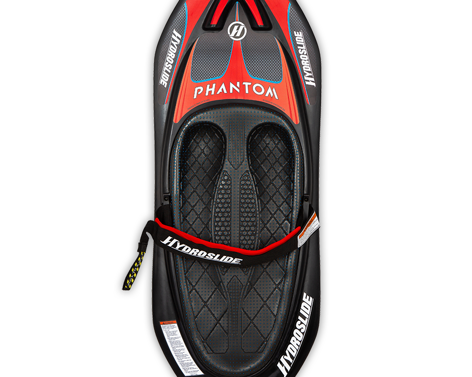 Top view of the Hydroslide Phantom Kneeboard in black and red, with a cushioned seat, molded footwells, and a padded strap.