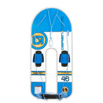 Top view of the O'Brien Platform Trainer Waterski in blue and white with a U-shaped design and soft blue bindings.