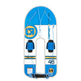 Top view of the O'Brien Platform Trainer Waterski in blue and white with a U-shaped design and soft blue bindings.
