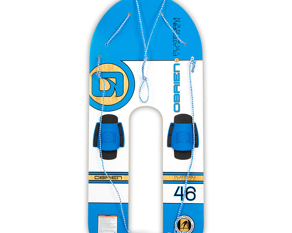 Top view of the O'Brien Platform Trainer Waterski in blue and white with a U-shaped design and soft blue bindings.