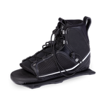 Angled view of the O'Brien Plush Waterski Binding in black, featuring a high-cut ankle with a white stripe and lace system.