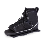 Angled view of the O'Brien Plush Waterski Binding in black, featuring a high-cut ankle with a white stripe and lace system.