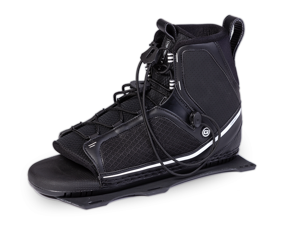Angled view of the O'Brien Plush Waterski Binding in black, featuring a high-cut ankle with a white stripe and lace system.