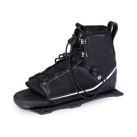 Angled view of the O'Brien Plush Waterski Binding in black, featuring a high-cut ankle with a white stripe and lace system.