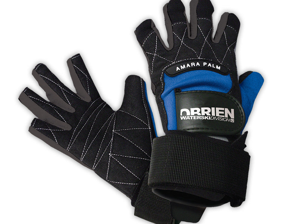 A pair of O'Brien Pro Skin 3/4 Waterski Gloves in black with blue accents, featuring an open-finger design and wrist straps.