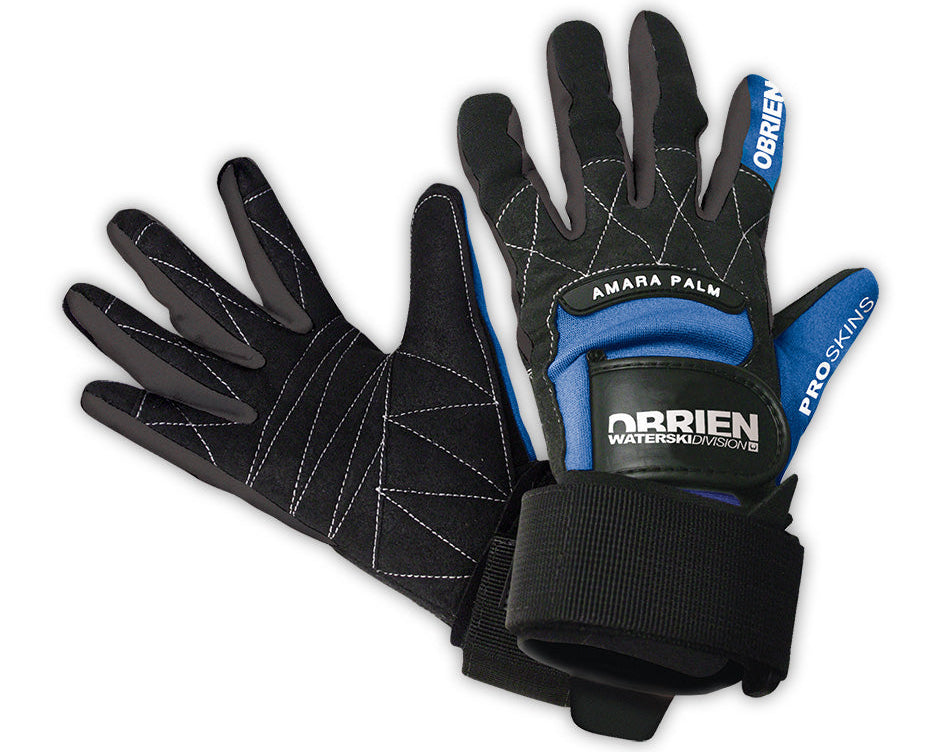 A pair of O'Brien Pro Skin Waterski Gloves in black with blue accents, reinforced stitching, and Amara palm padding.