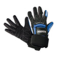 A pair of O'Brien Pro Skin Waterski Gloves in black with blue accents, reinforced stitching, and Amara palm padding.