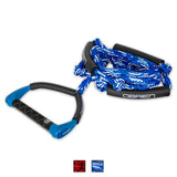 O'Brien Pro Surf Rope in blue and white, featuring a padded handle, coiled braided rope, and black foam floats for grip.