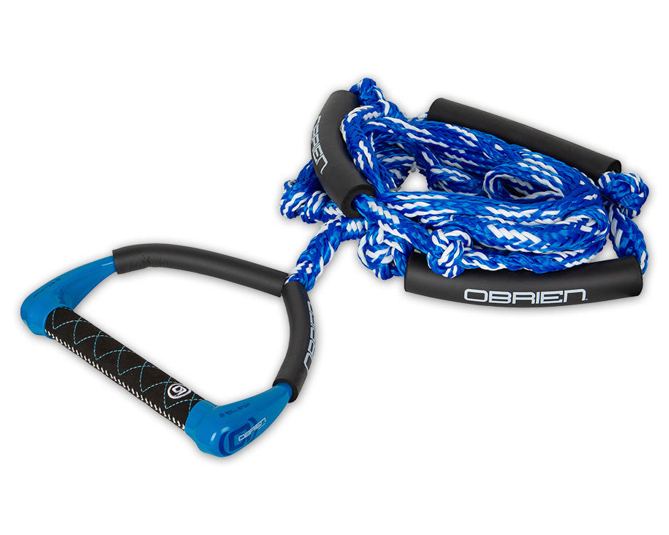 O'Brien Pro Surf Rope in blue and white, featuring a padded handle, coiled braided rope, and black foam floats for grip.
