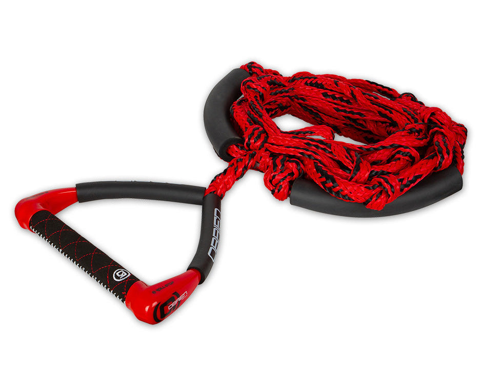 O'Brien Pro Surf Rope in red and black, with a textured handle, coiled rope, and black foam floats for added control.
