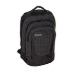 Angled view of the O'Brien Quaker Backpack, a black plaid backpack with multiple zippered compartments and a top handle.