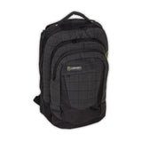 Angled view of the O'Brien Quaker Backpack, a black plaid backpack with multiple zippered compartments and a top handle.