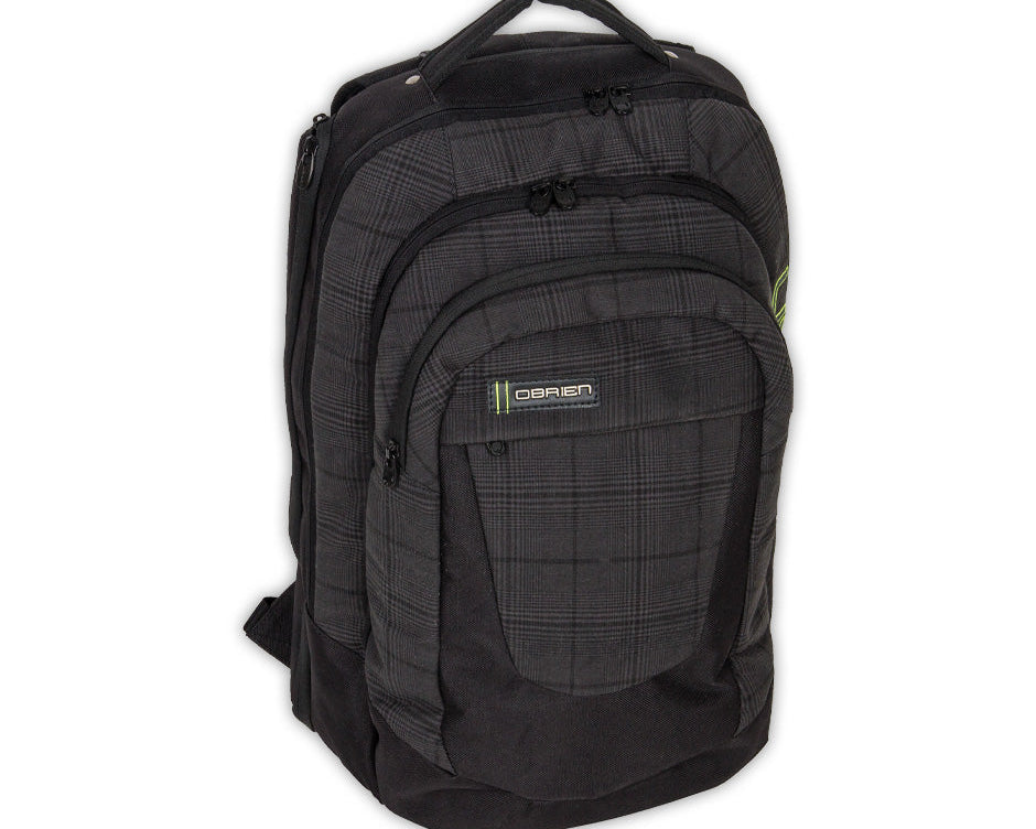 Angled view of the O'Brien Quaker Backpack, a black plaid backpack with multiple zippered compartments and a top handle.