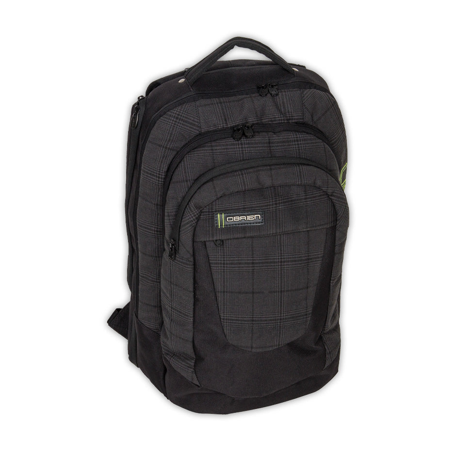 Angled view of the O'Brien Quaker Backpack, a black plaid backpack with multiple zippered compartments and a top handle.