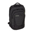 Angled view of the O'Brien Quaker Backpack, a black plaid backpack with multiple zippered compartments and a top handle.