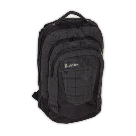 Angled view of the O'Brien Quaker Backpack, a black plaid backpack with multiple zippered compartments and a top handle.