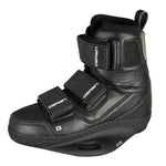 Black wakeboard binding with three adjustable straps and O'Brien branding, designed for secure foot support.