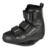 Black wakeboard binding with three adjustable straps and O'Brien branding, designed for secure foot support.