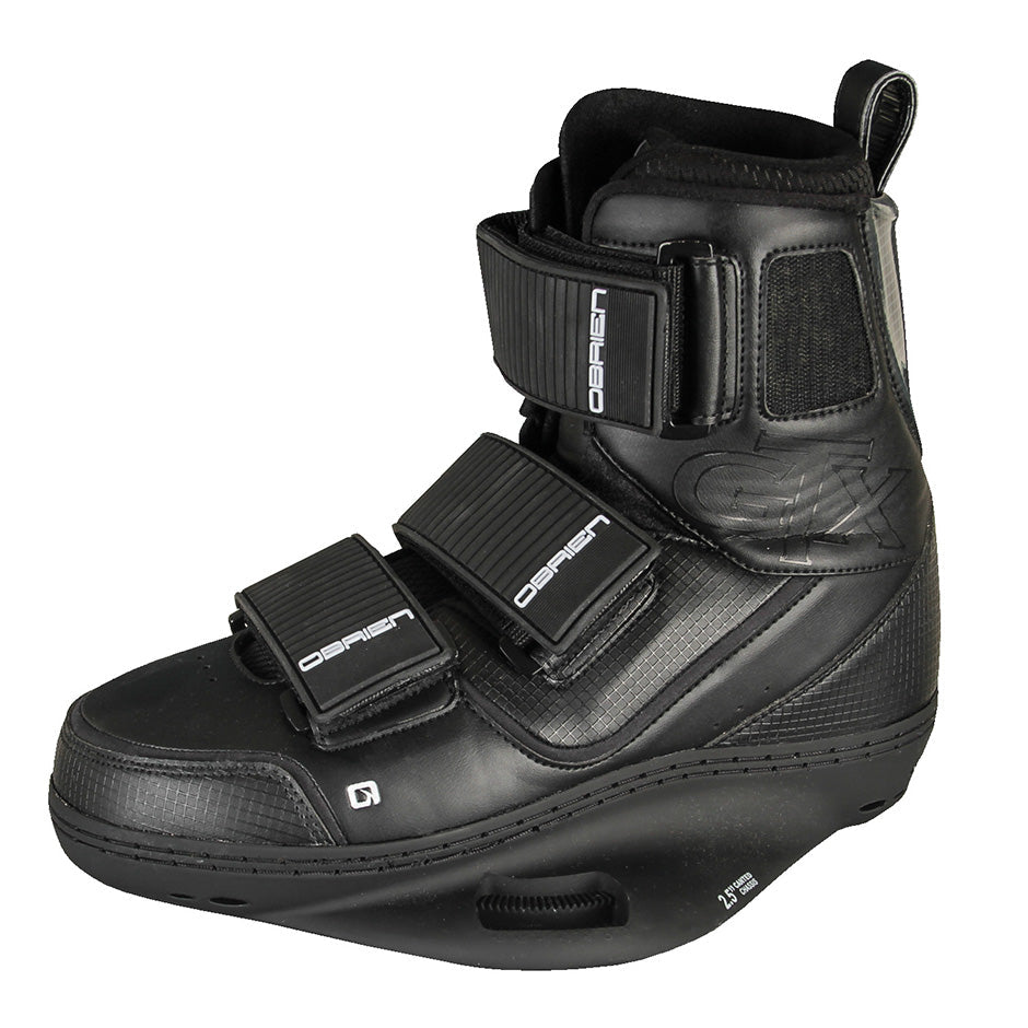 Black wakeboard binding with three adjustable straps and O'Brien branding, designed for secure foot support.