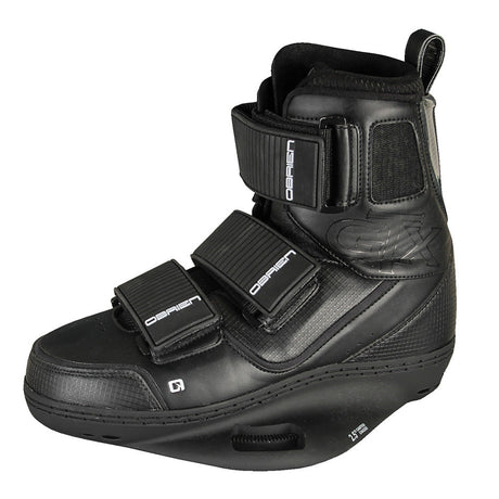 Black wakeboard binding with three adjustable straps and O'Brien branding, designed for secure foot support.