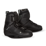 O'Brien Quattro Wakeboard Bindings in black with three adjustable straps, a high ankle cuff, and a sturdy baseplate.